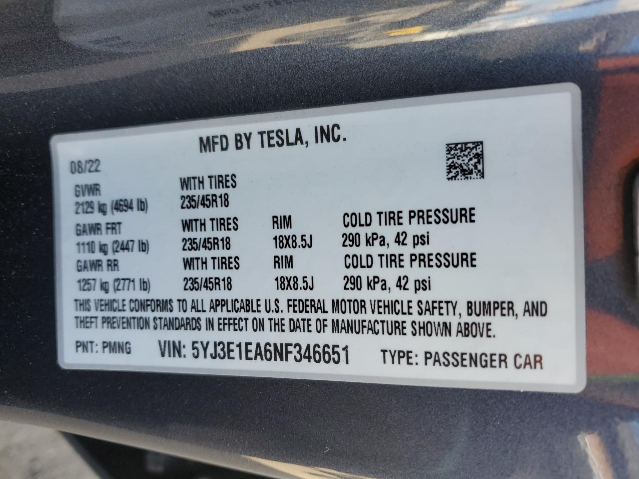 2022 TESLA MODEL 3  VIN:5YJ3E1EA6NF346651