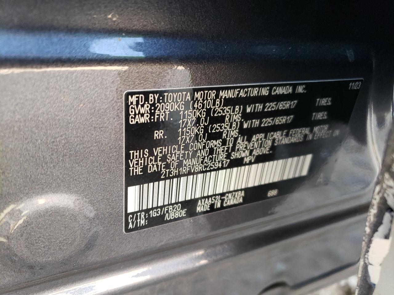 2024 TOYOTA RAV4 LE VIN:2T3H1RFV8RC259417