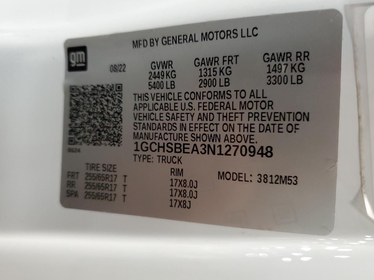 2022 CHEVROLET COLORADO  VIN:1GCHSBEA3N1270948