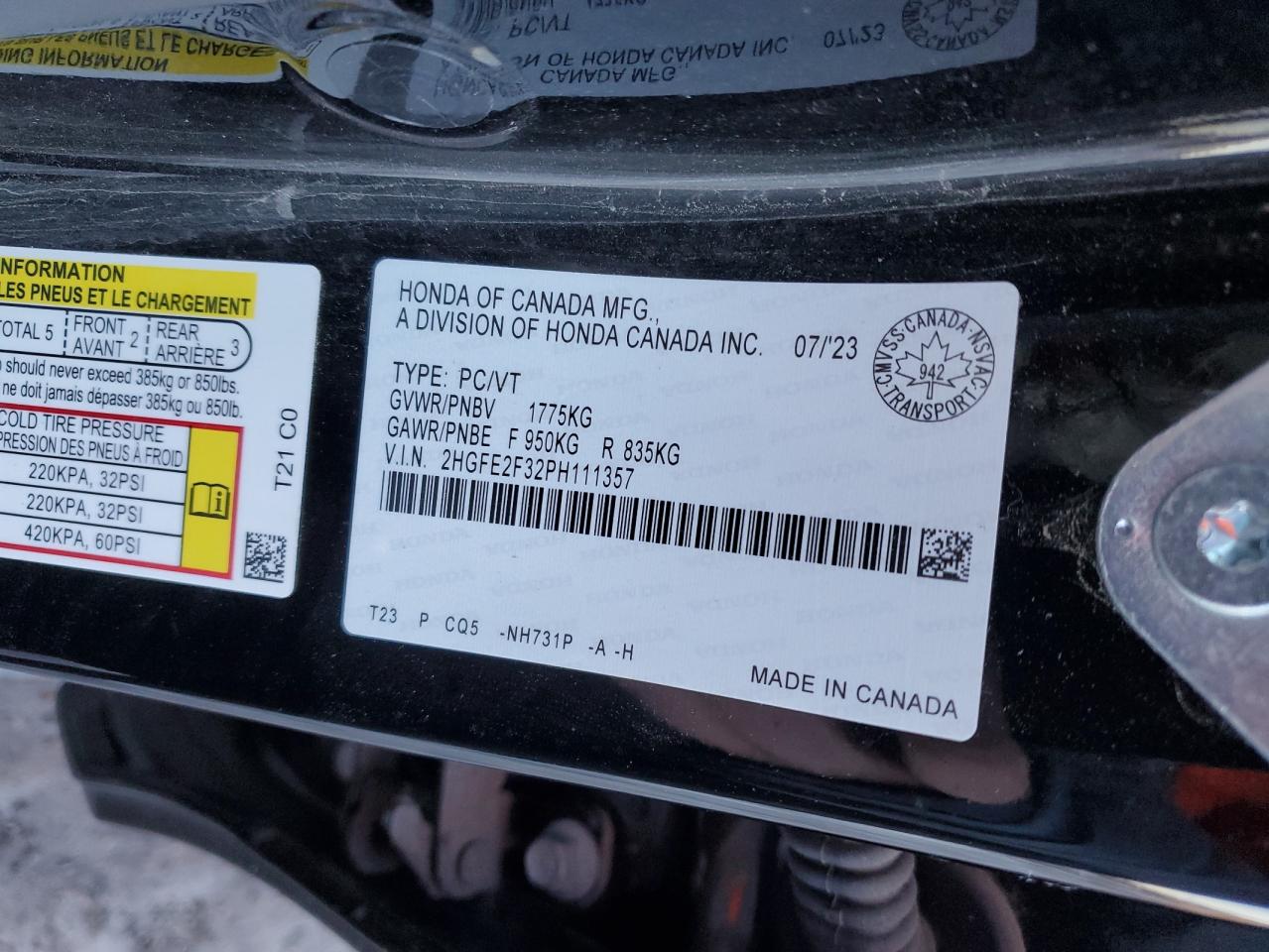 2023 HONDA CIVIC EX VIN:2HGFE2F32PH111357