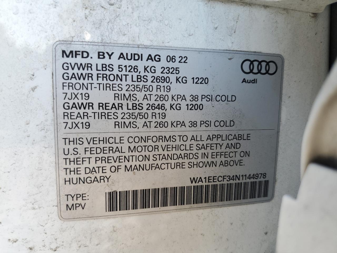 2022 AUDI Q3 PREMIUM PLUS S LINE 45 VIN:WA1EECF34N1144978