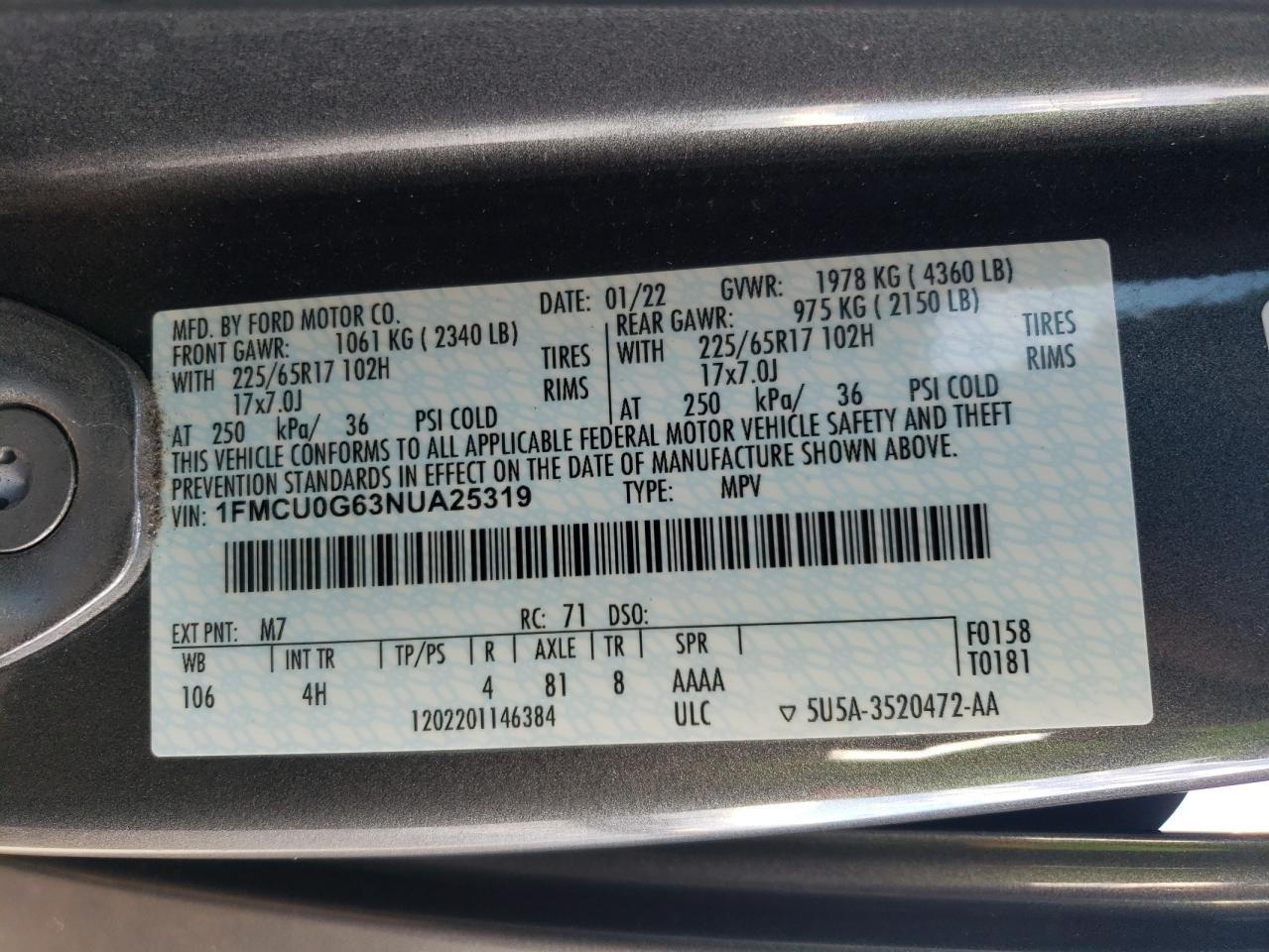 2022 FORD ESCAPE SE VIN:1FMCU0G63NUA25319