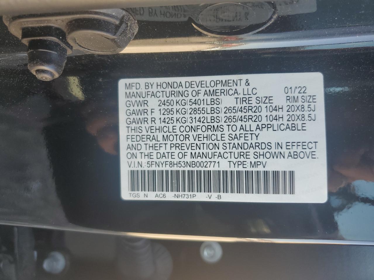 2022 HONDA PASSPORT EXL VIN:5FNYF8H53NB002771
