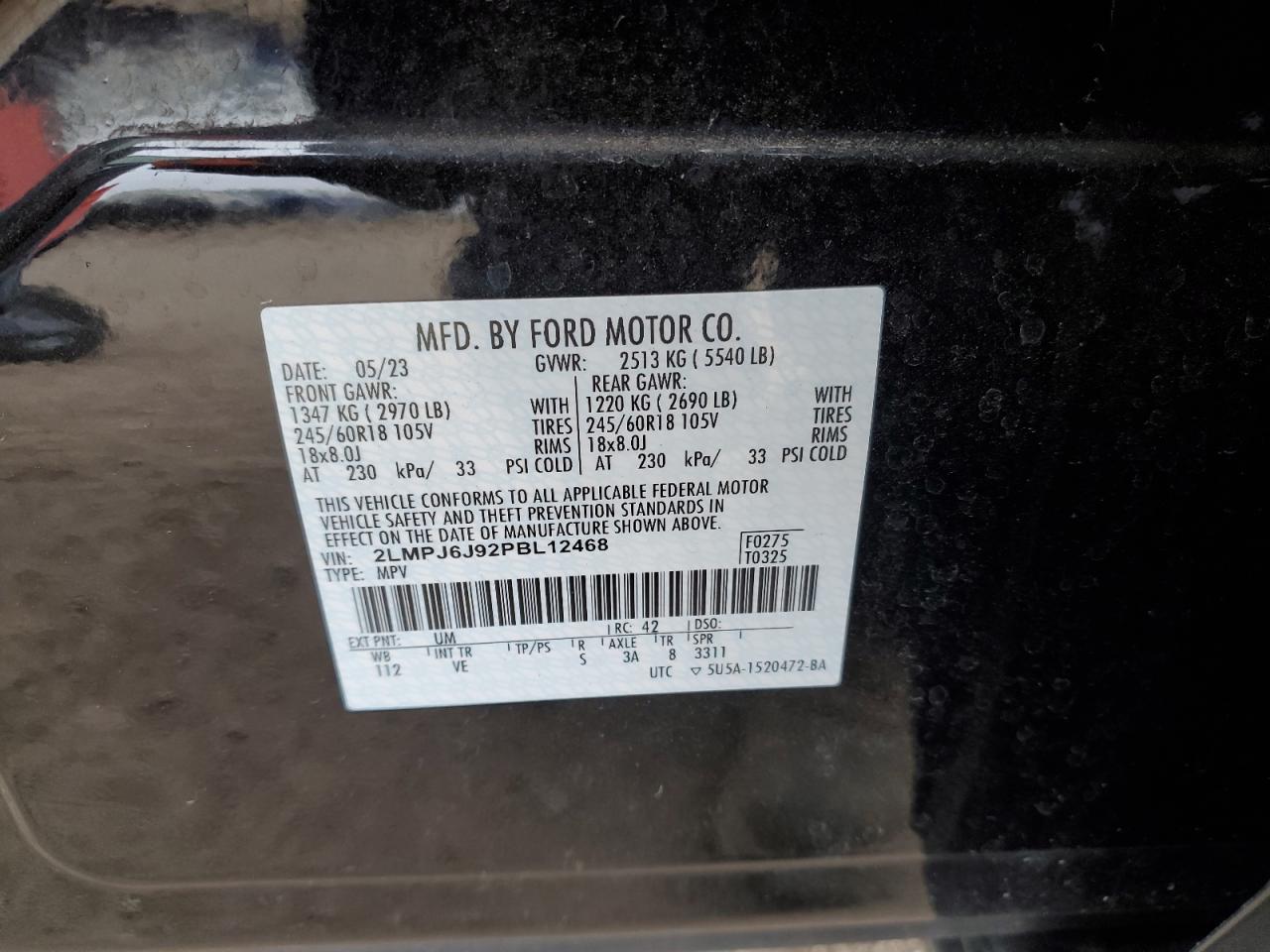 2023 LINCOLN NAUTILUS  VIN:2LMPJ6J92PBL12468