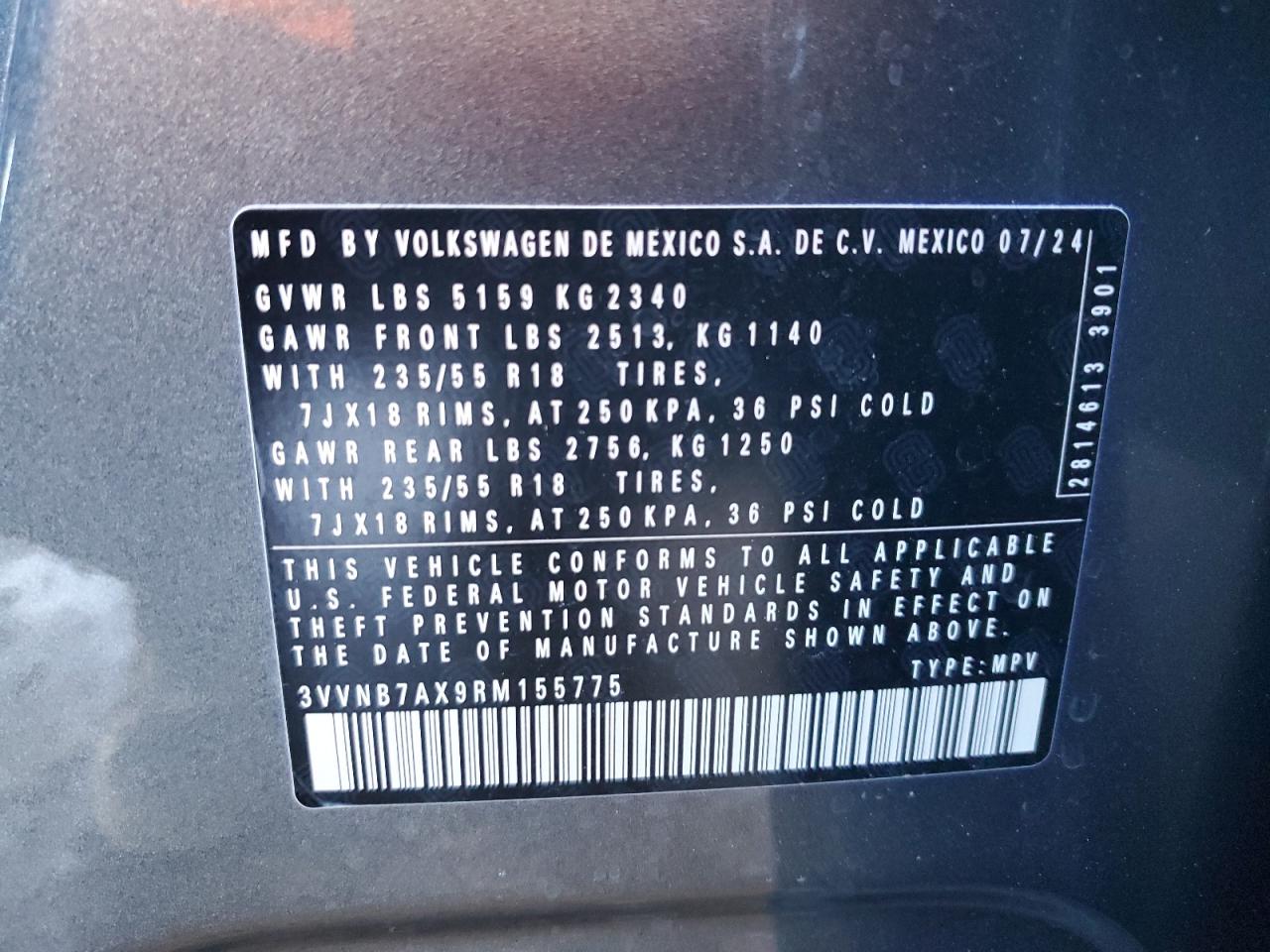 2024 VOLKSWAGEN TIGUAN SE VIN:3VVNB7AX9RM155775