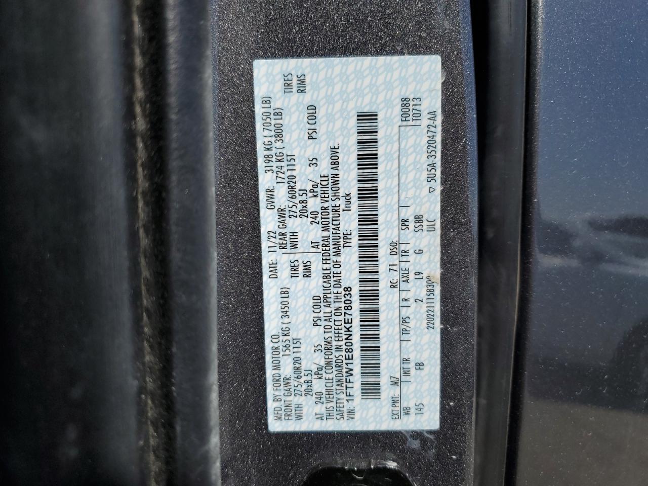 2022 FORD F150 SUPERCREW VIN:1FTFW1E80NKE78038
