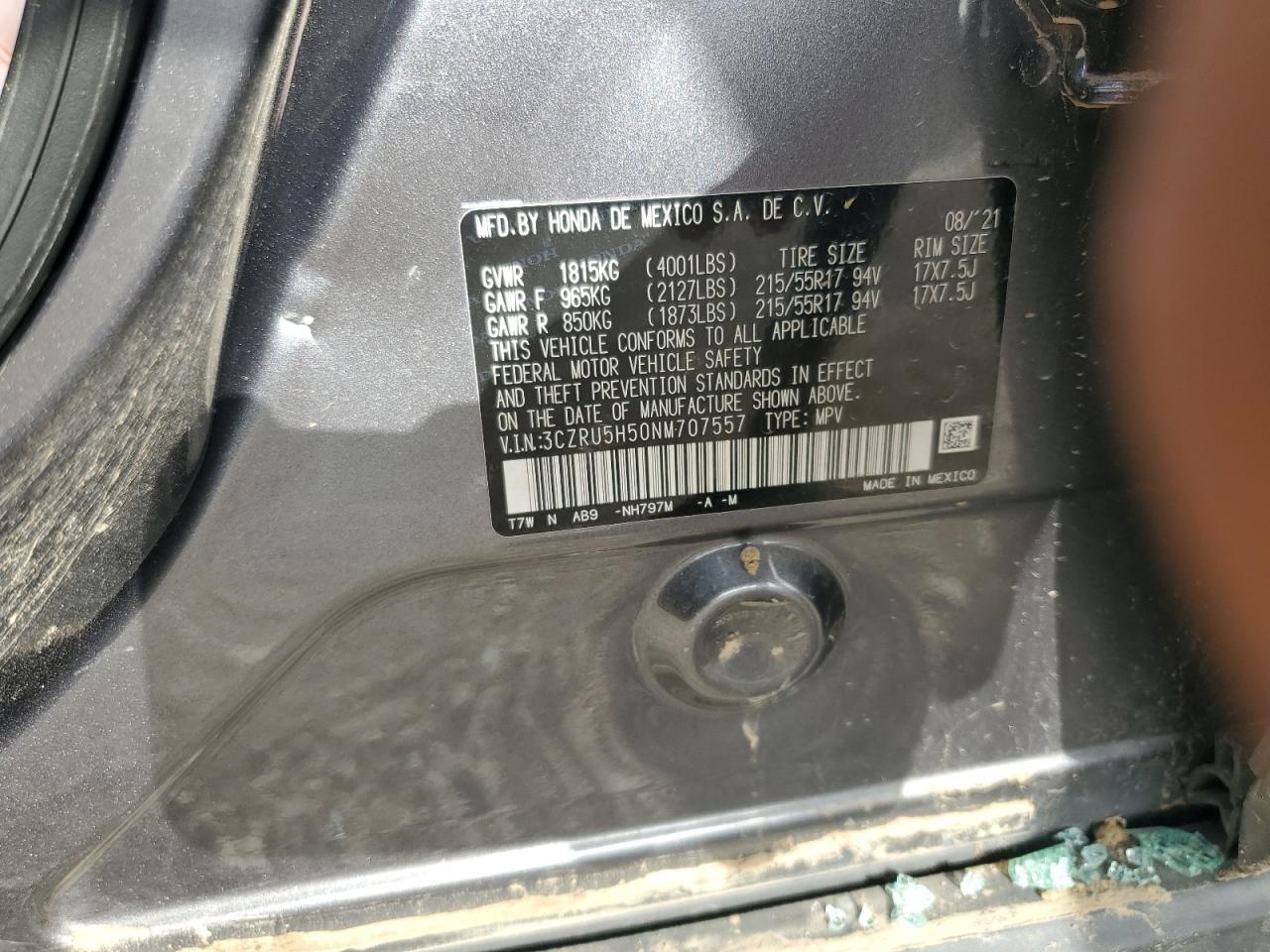 2022 HONDA HR-V EX VIN:3CZRU5H50NM707557