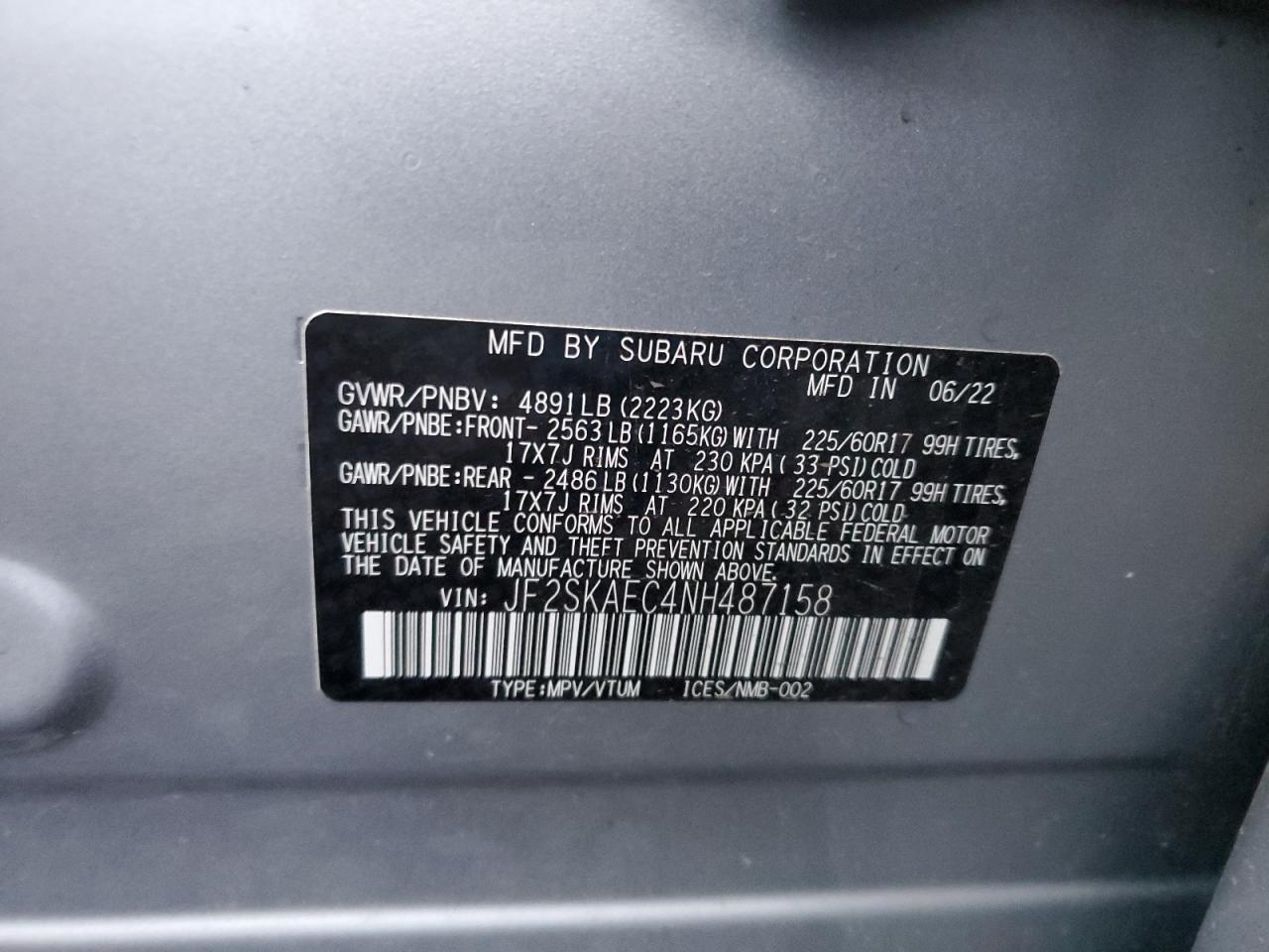 2022 SUBARU FORESTER PREMIUM VIN:JF2SKAEC4NH487158