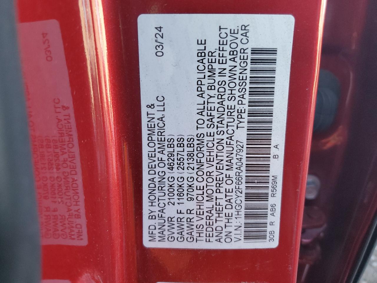 2024 HONDA ACCORD HYBRID EXL VIN:1HGCY2F66RA047927