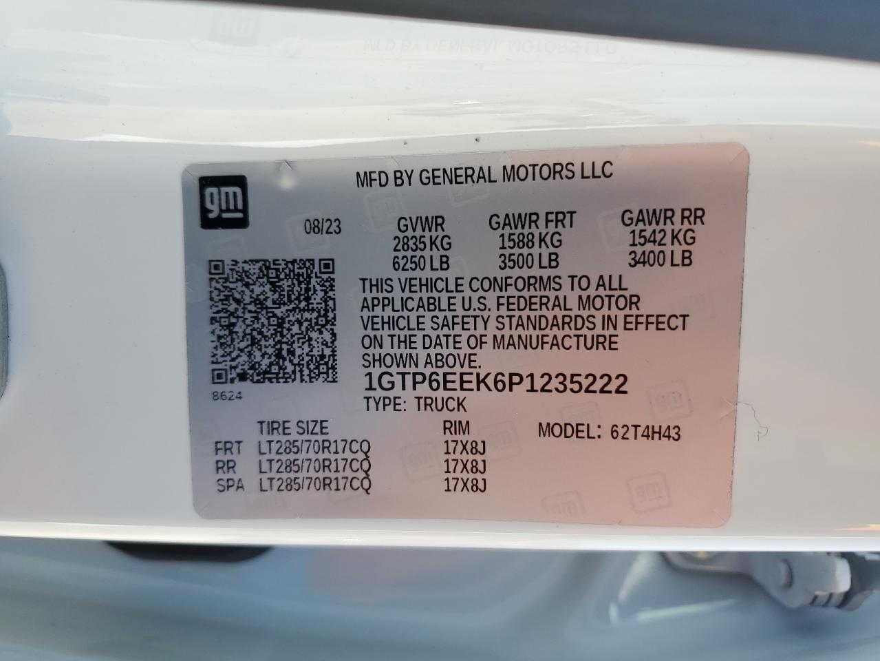 2023 GMC CANYON AT4X VIN:1GTP6EEK6P1235222