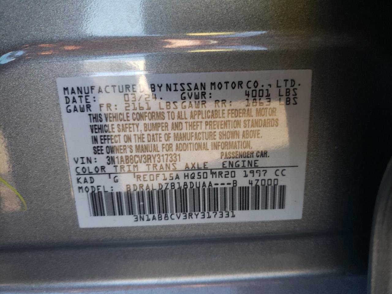 2024 NISSAN SENTRA SV VIN:3N1AB8CV3RY317331