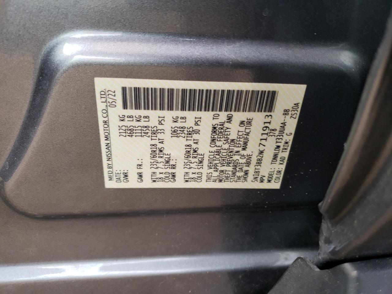 2022 NISSAN ROGUE SV VIN:5N1BT3BB2NC711913