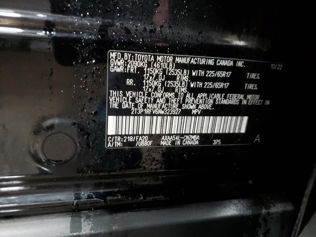 2022 TOYOTA RAV4 XLE VIN:2T3P1RFV6NW323927