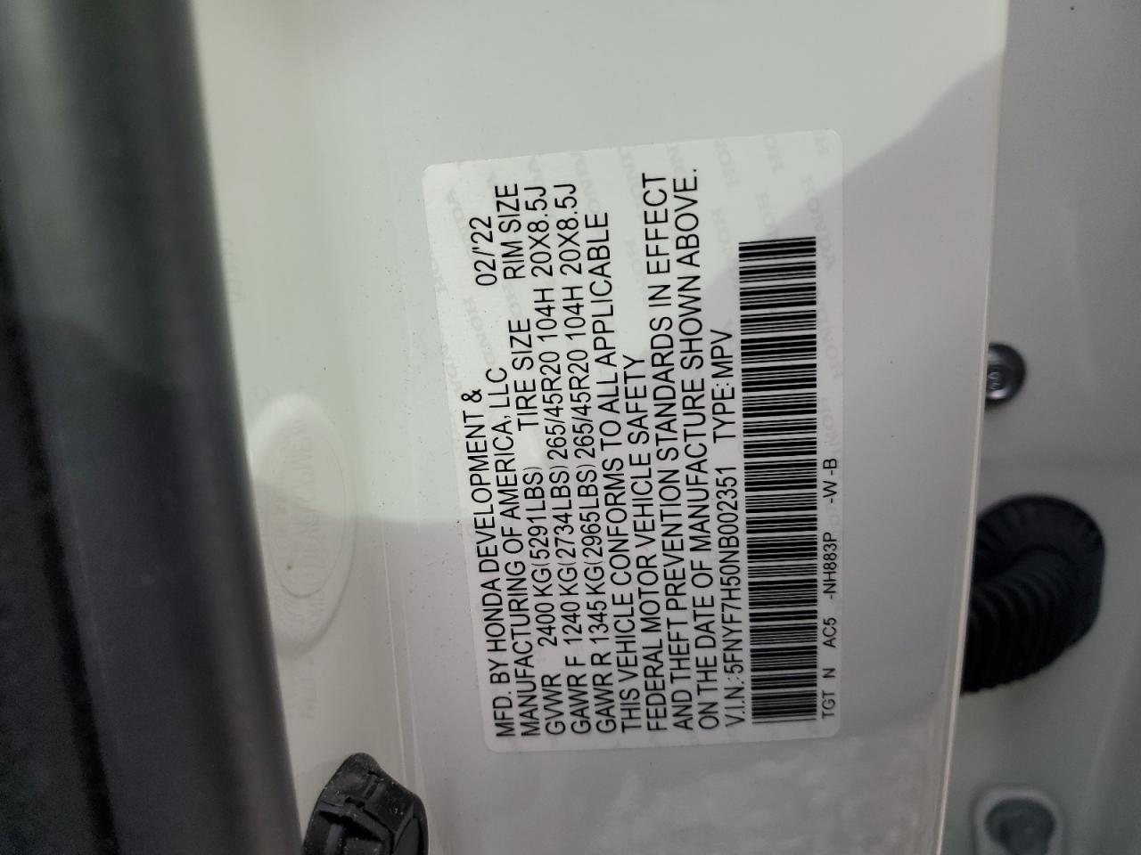 2022 HONDA PASSPORT EXL VIN:5FNYF7H50NB002351