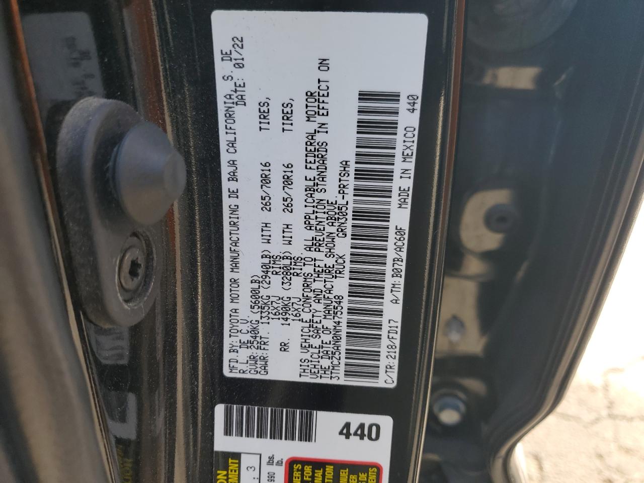 2022 TOYOTA TACOMA DOUBLE CAB VIN:3TMCZ5AN0NM475548
