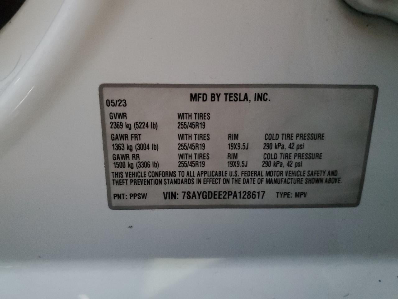 2023 TESLA MODEL Y  VIN:7SAYGDEE2PA128617
