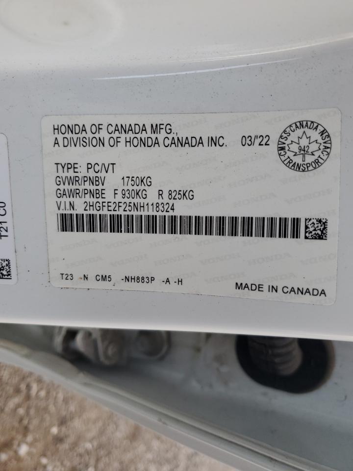 2022 HONDA CIVIC LX VIN:2HGFE2F25NH118324