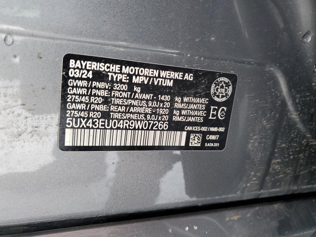 2024 BMW X5 XDRIVE50E VIN:5UX43EU04R9W07266