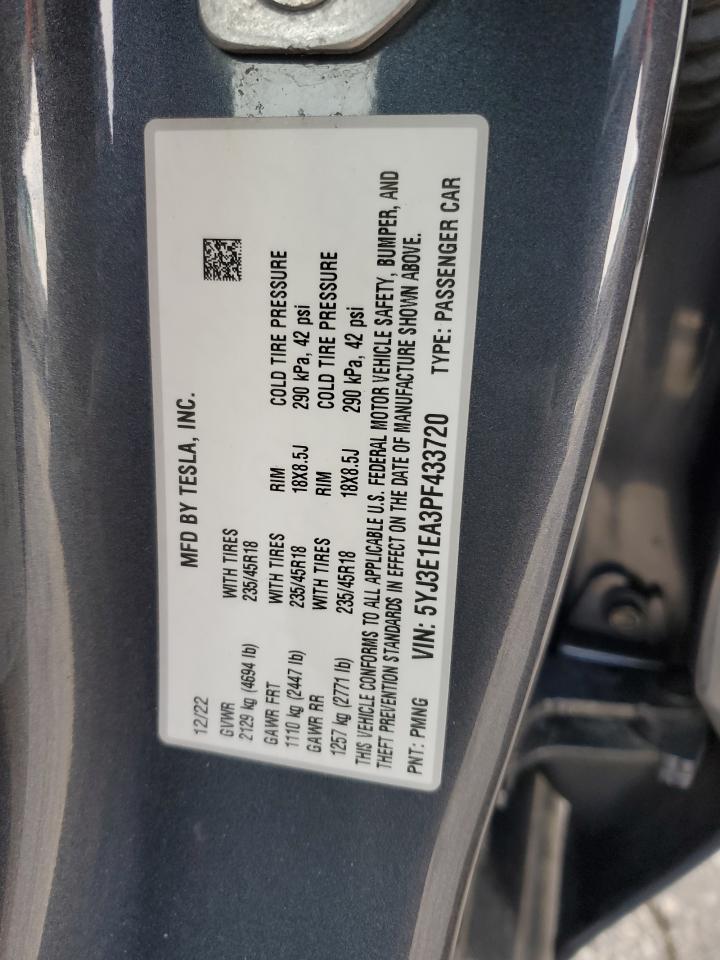 2023 TESLA MODEL 3  VIN:5YJ3E1EA3PF433720