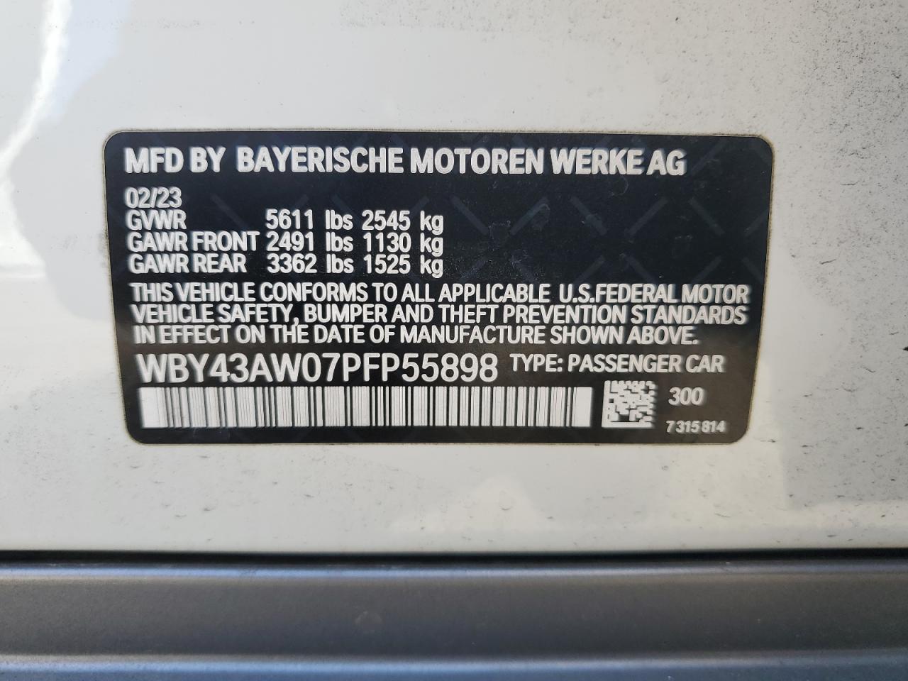 2023 BMW I4 EDRIVE 35 VIN:WBY43AW07PFP55898