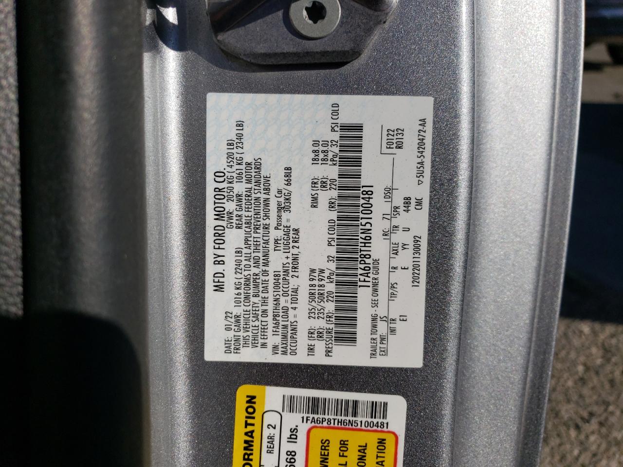 2022 FORD MUSTANG  VIN:1FA6P8TH6N5100481