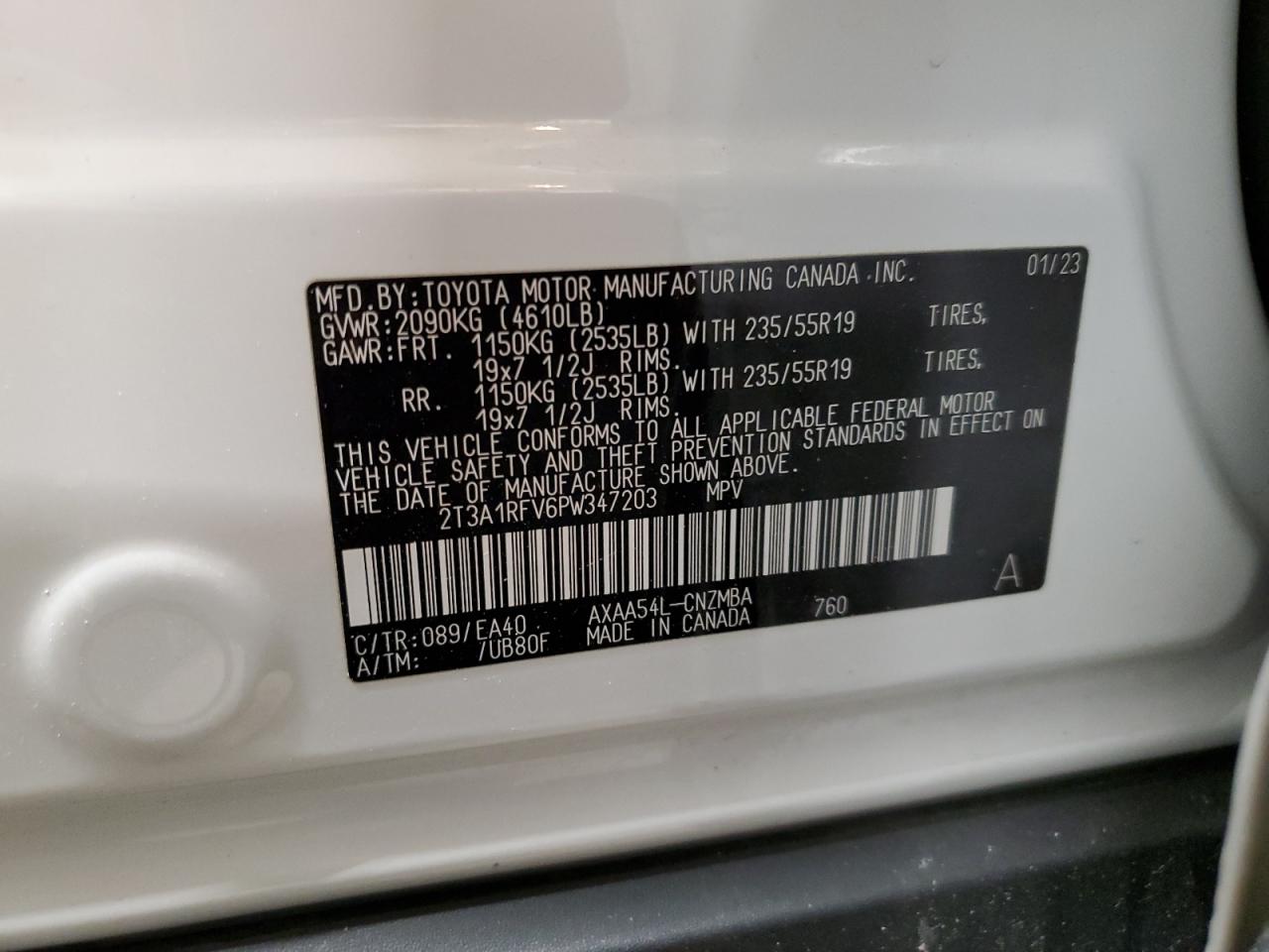 2023 TOYOTA RAV4 XLE PREMIUM VIN:2T3A1RFV6PW347203