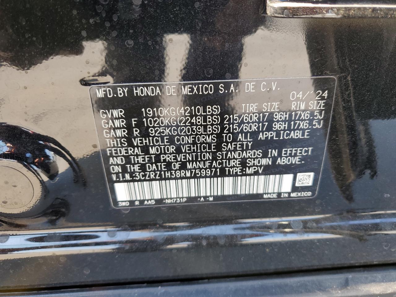 2024 HONDA HR-V LX VIN:3CZRZ1H38RM759971