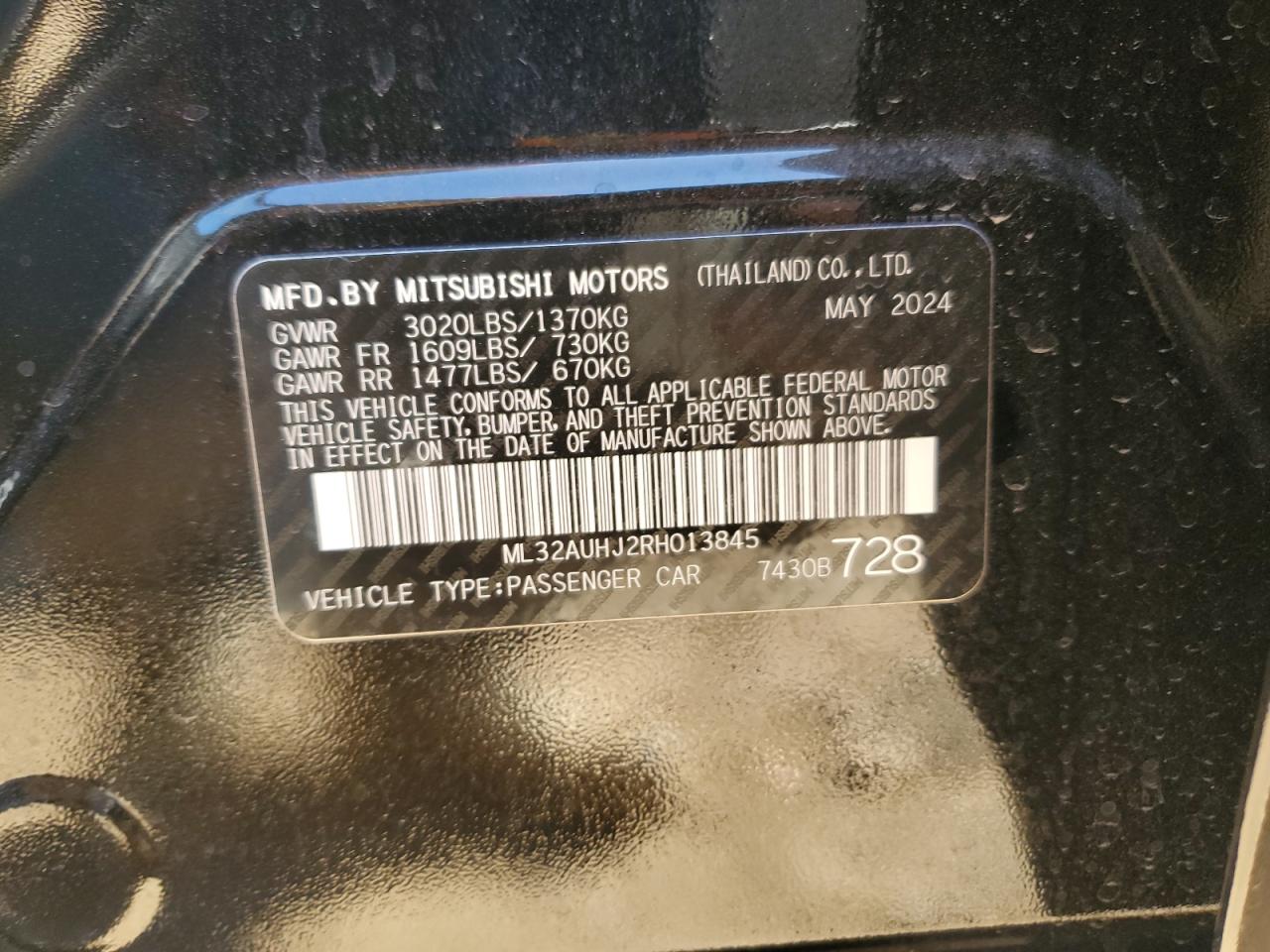 2024 MITSUBISHI MIRAGE ES VIN:ML32AUHJ2RH013845