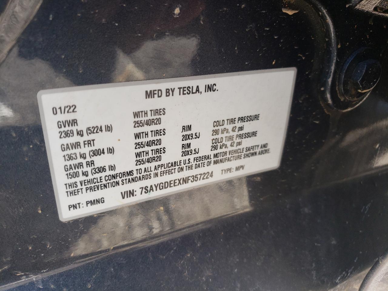 2022 TESLA MODEL Y  VIN:7SAYGDEEXNF357224