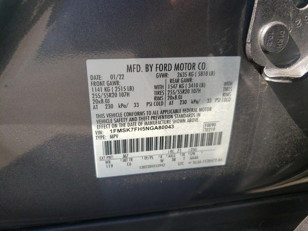 2022 FORD EXPLORER LIMITED VIN:1FMSK7FH5NGA80043