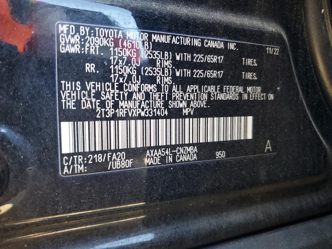 2023 TOYOTA RAV4 XLE VIN:2T3P1RFVXPW331404