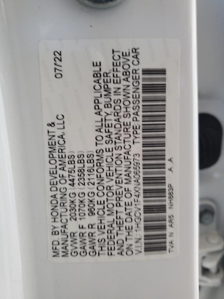 2022 HONDA ACCORD SPORT SE VIN:1HGCV1F4XNA065973