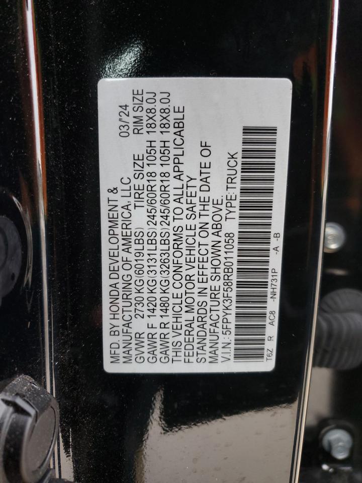 2024 HONDA RIDGELINE RTL VIN:5FPYK3F58RB011058