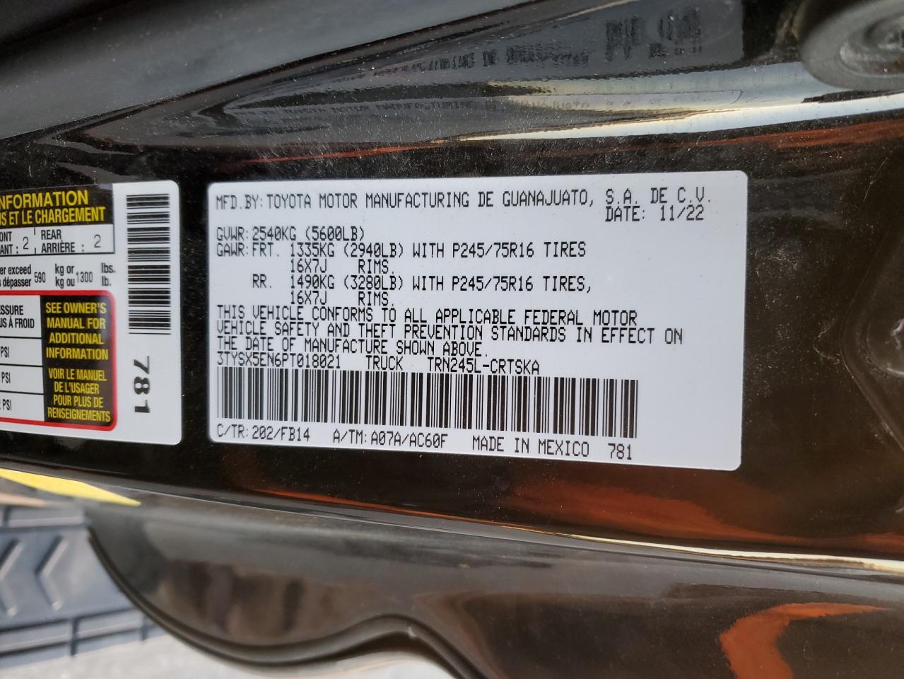 2023 TOYOTA TACOMA ACCESS CAB VIN:3TYSX5EN6PT018021