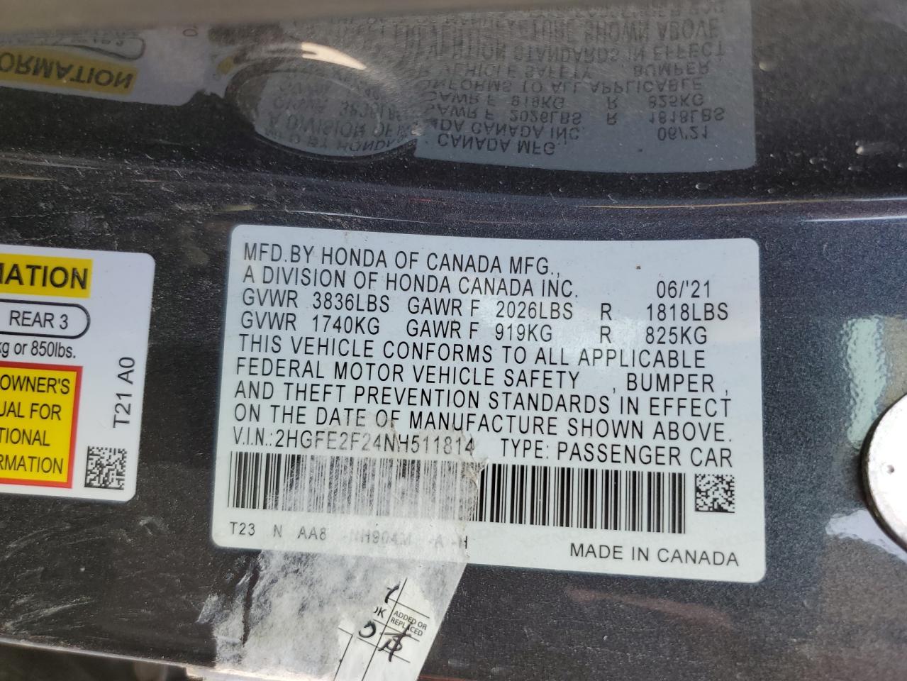 2022 HONDA CIVIC LX VIN:2HGFE2F24NH511814
