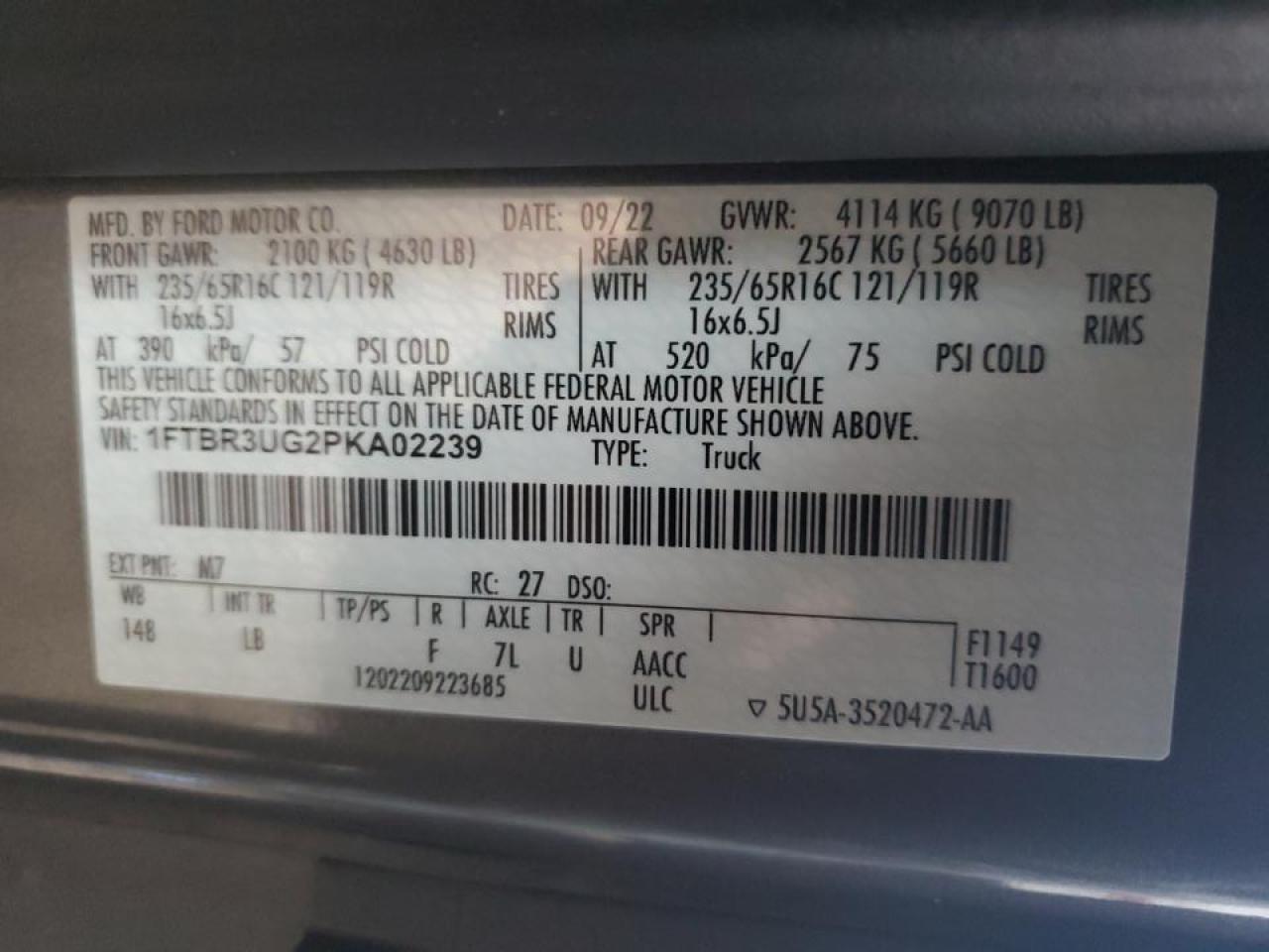 2023 FORD TRANSIT T-250 VIN:1FTBR3UG2PKA02239