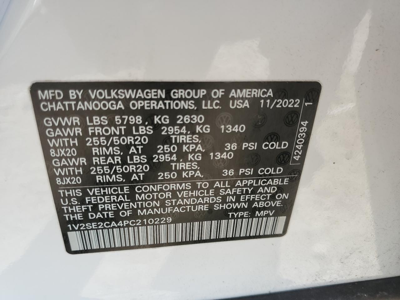 2023 VOLKSWAGEN ATLAS CROSS SPORT SEL R-LINE VIN:1V2SE2CA4PC210229