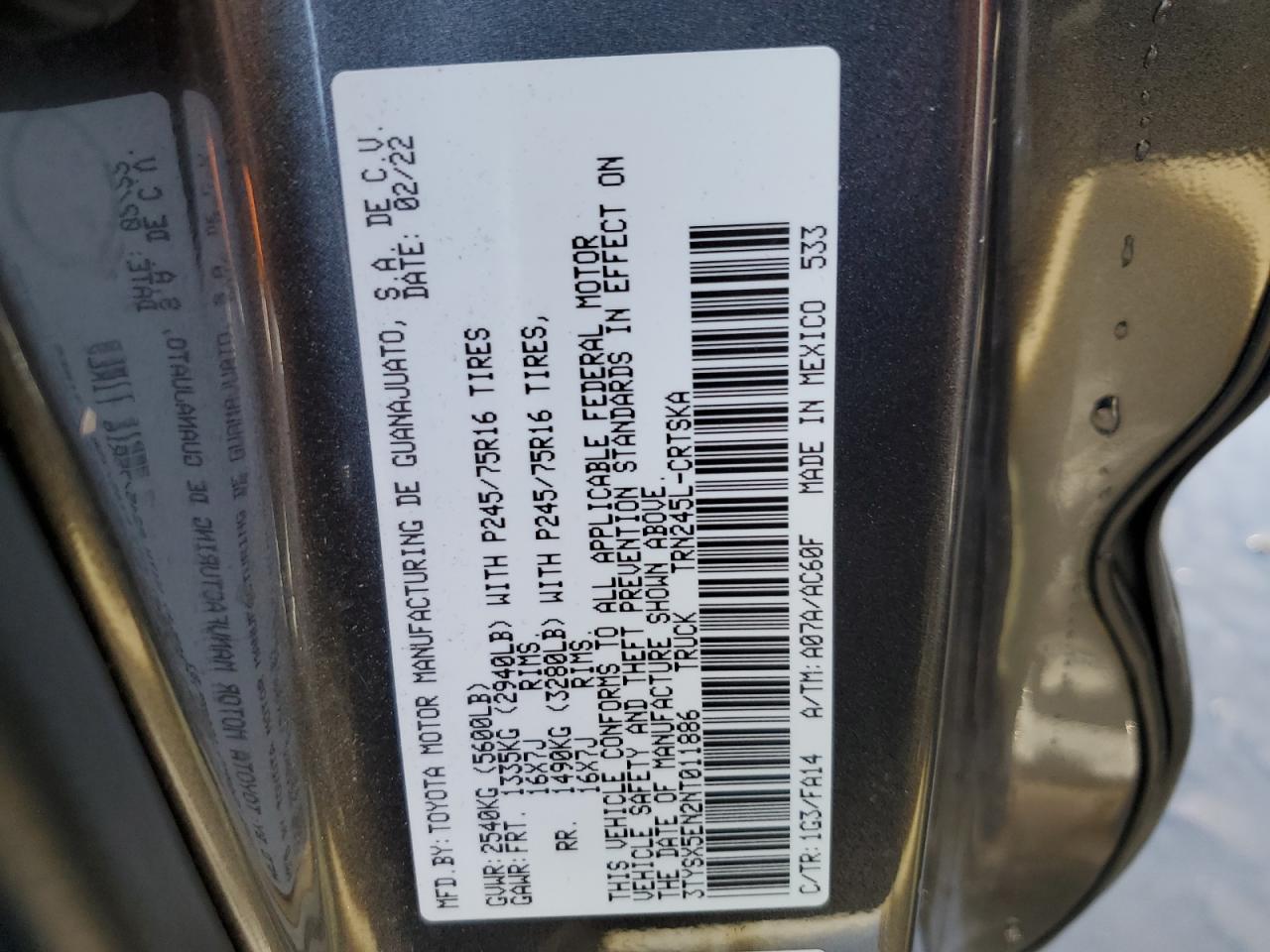 2022 TOYOTA TACOMA ACCESS CAB VIN:3TYSX5EN2NT011886