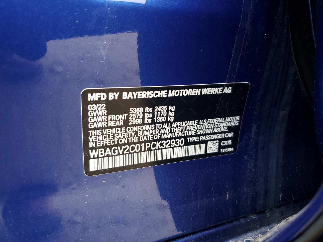 2023 BMW 840I  VIN:WBAGV2C01PCK32930