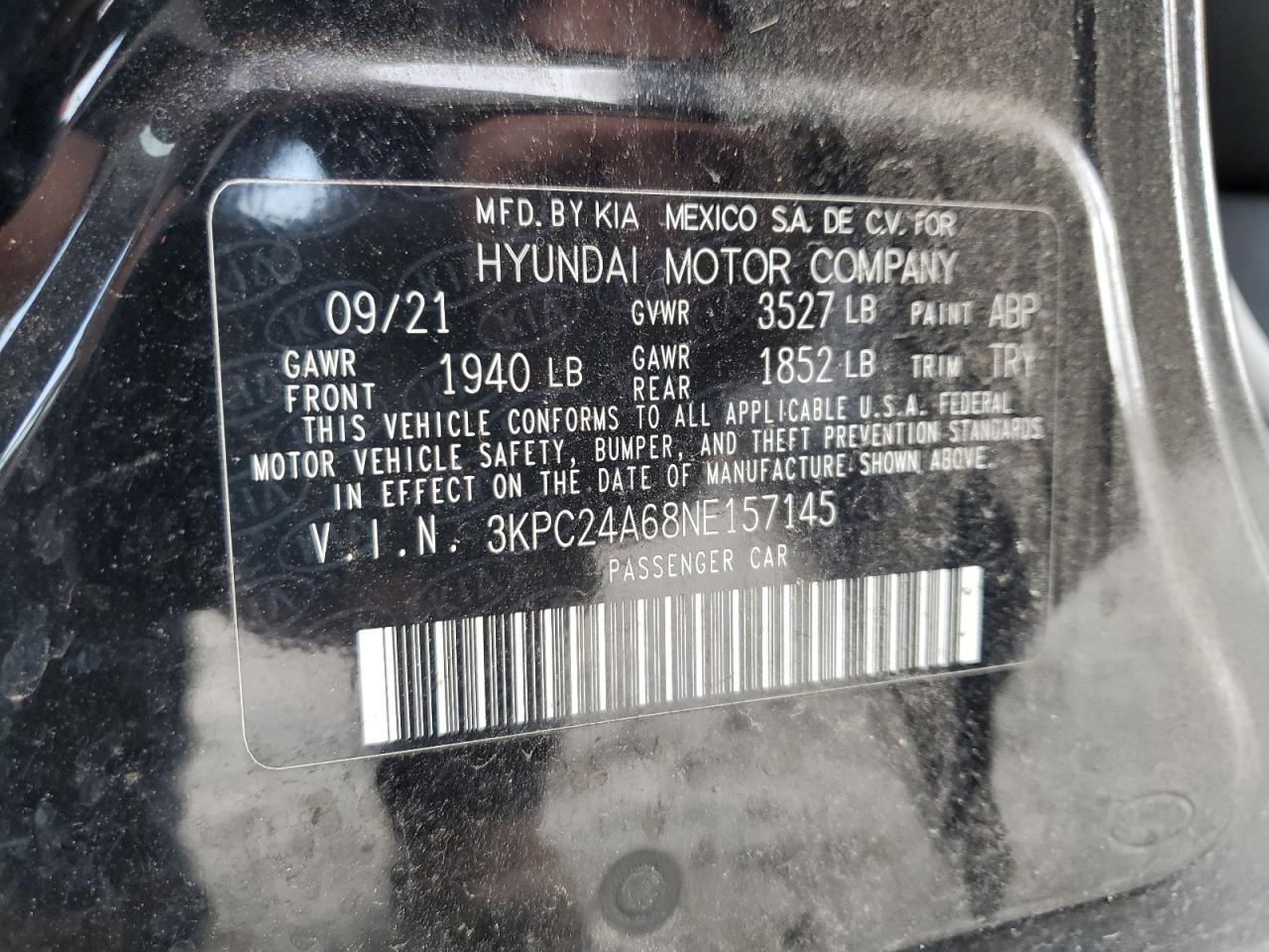 2022 HYUNDAI ACCENT SE VIN:3KPC24A68NE157145