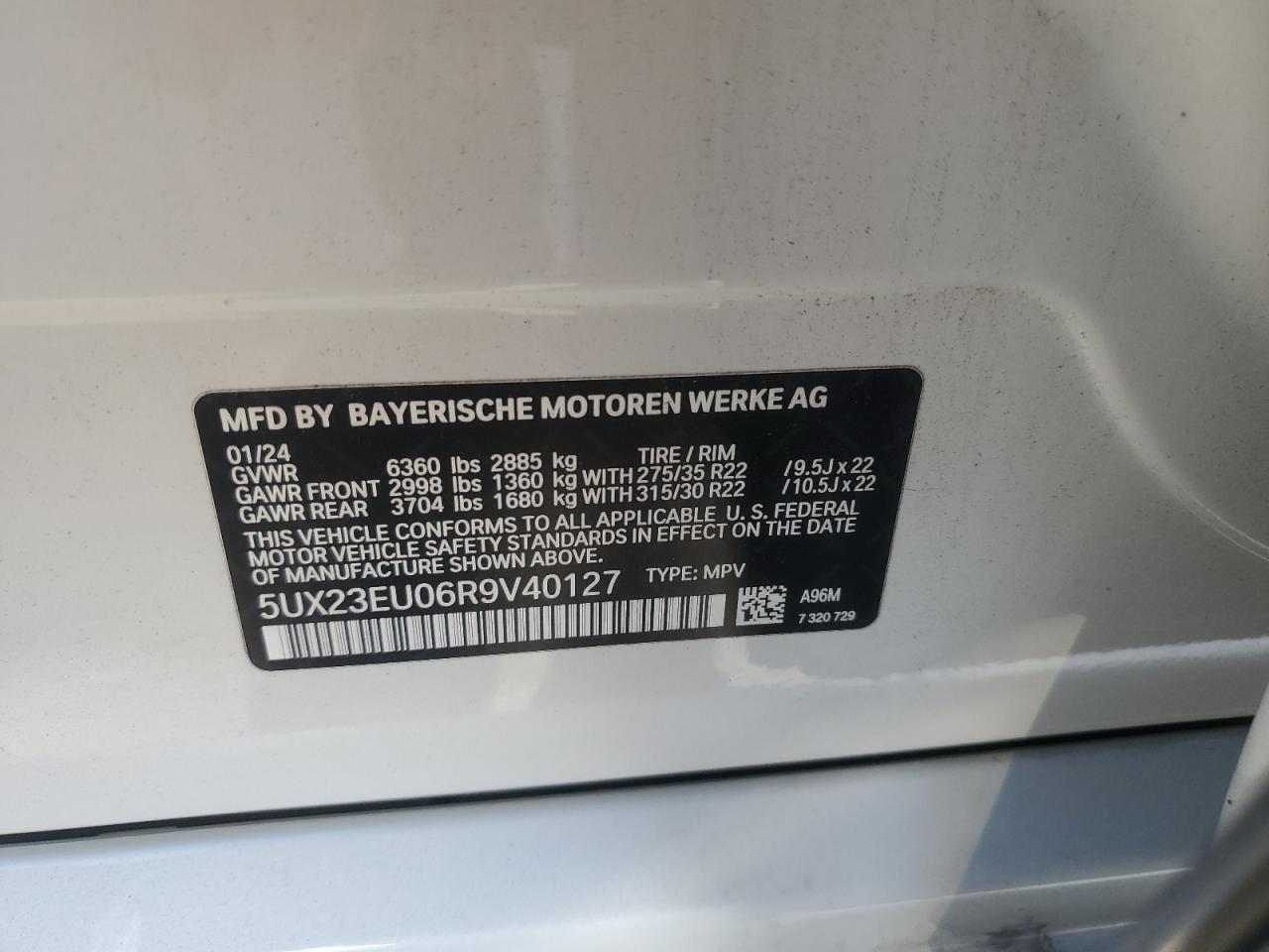 2024 BMW X5 XDRIVE40I VIN:5UX23EU06R9V40127