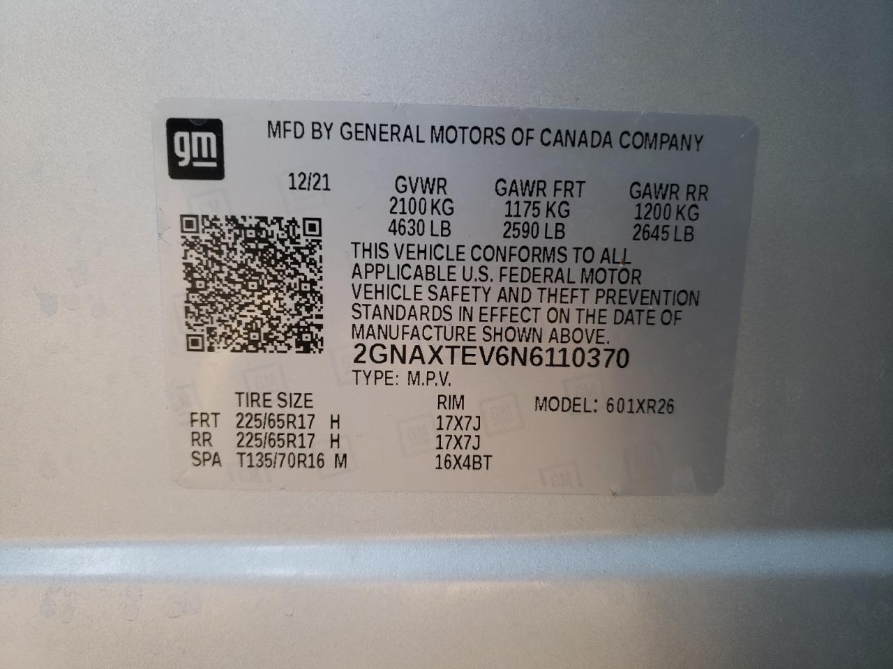 2022 CHEVROLET EQUINOX LT VIN:2GNAXTEV6N6110370