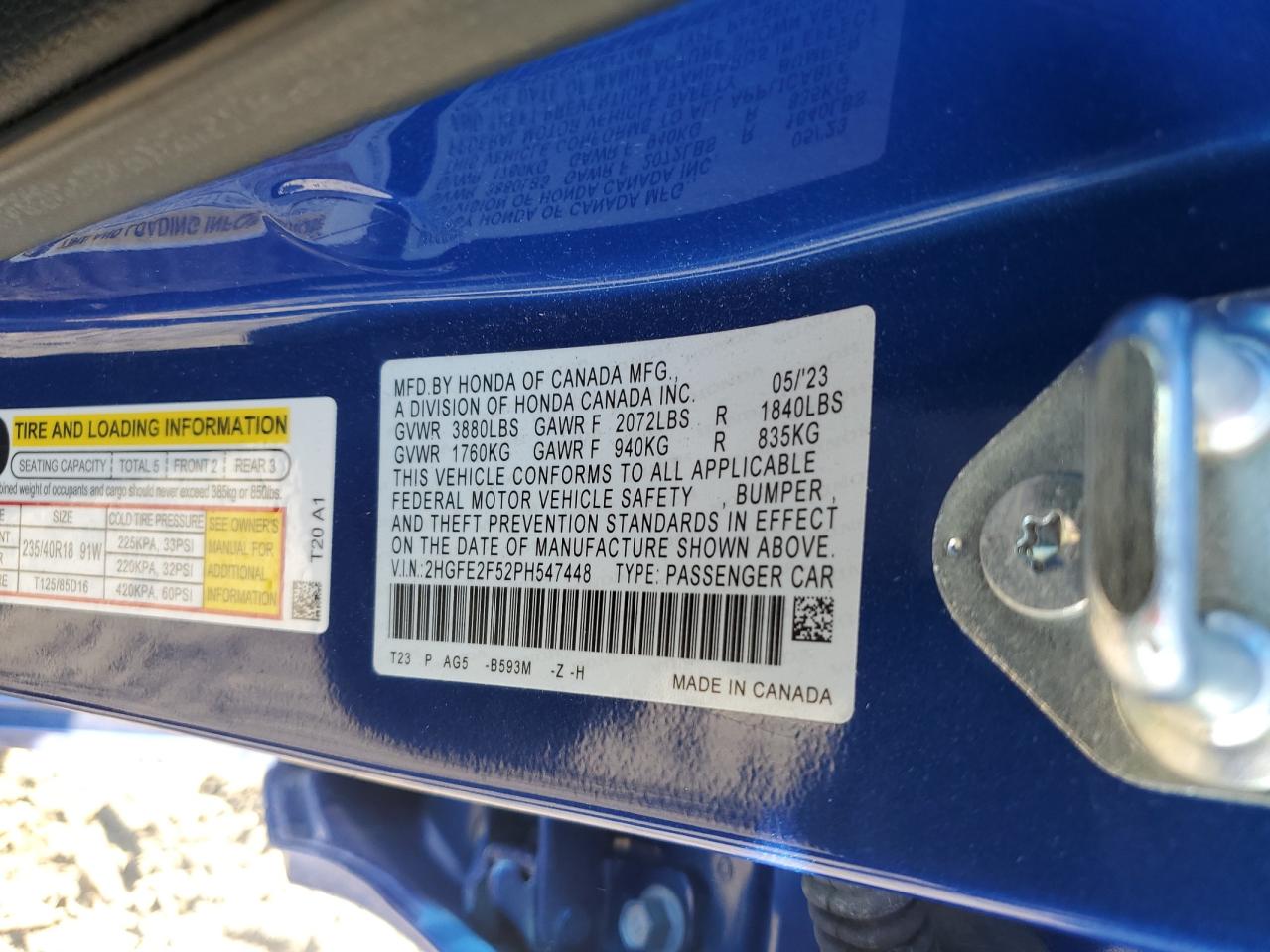 2023 HONDA CIVIC SPORT VIN:2HGFE2F52PH547448