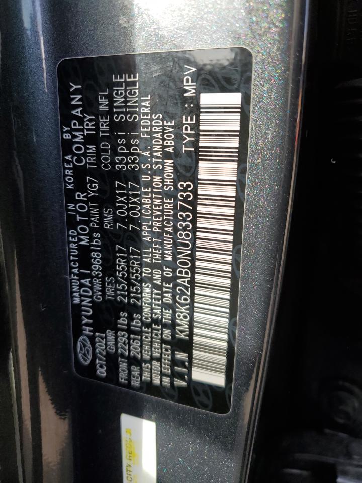 2022 HYUNDAI KONA SEL VIN:KM8K62AB0NU833733