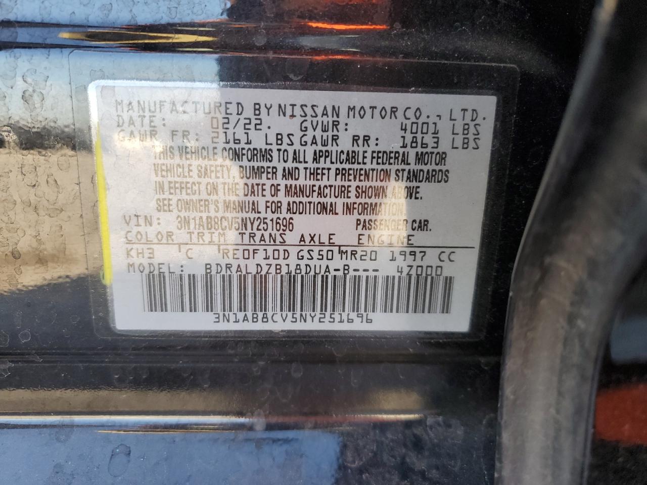 2022 NISSAN SENTRA SV VIN:3N1AB8CV5NY251696