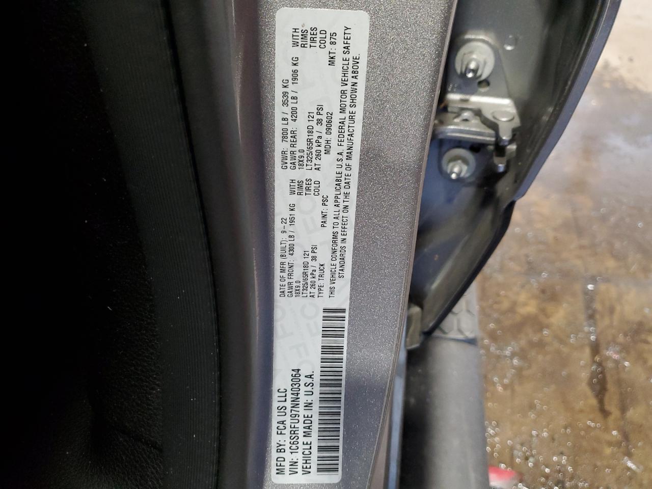 2022 RAM 1500 TRX VIN:1C6SRFU97NN403064