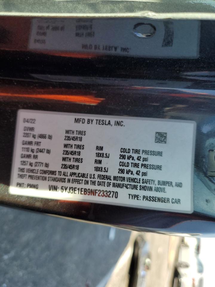 2022 TESLA MODEL 3  VIN:5YJ3E1EB9NF233270