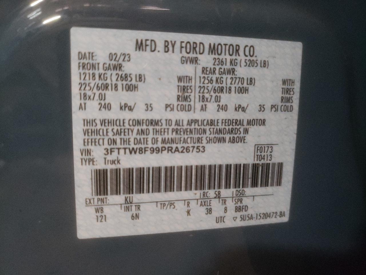 2023 FORD MAVERICK XL VIN:3FTTW8F99PRA26753