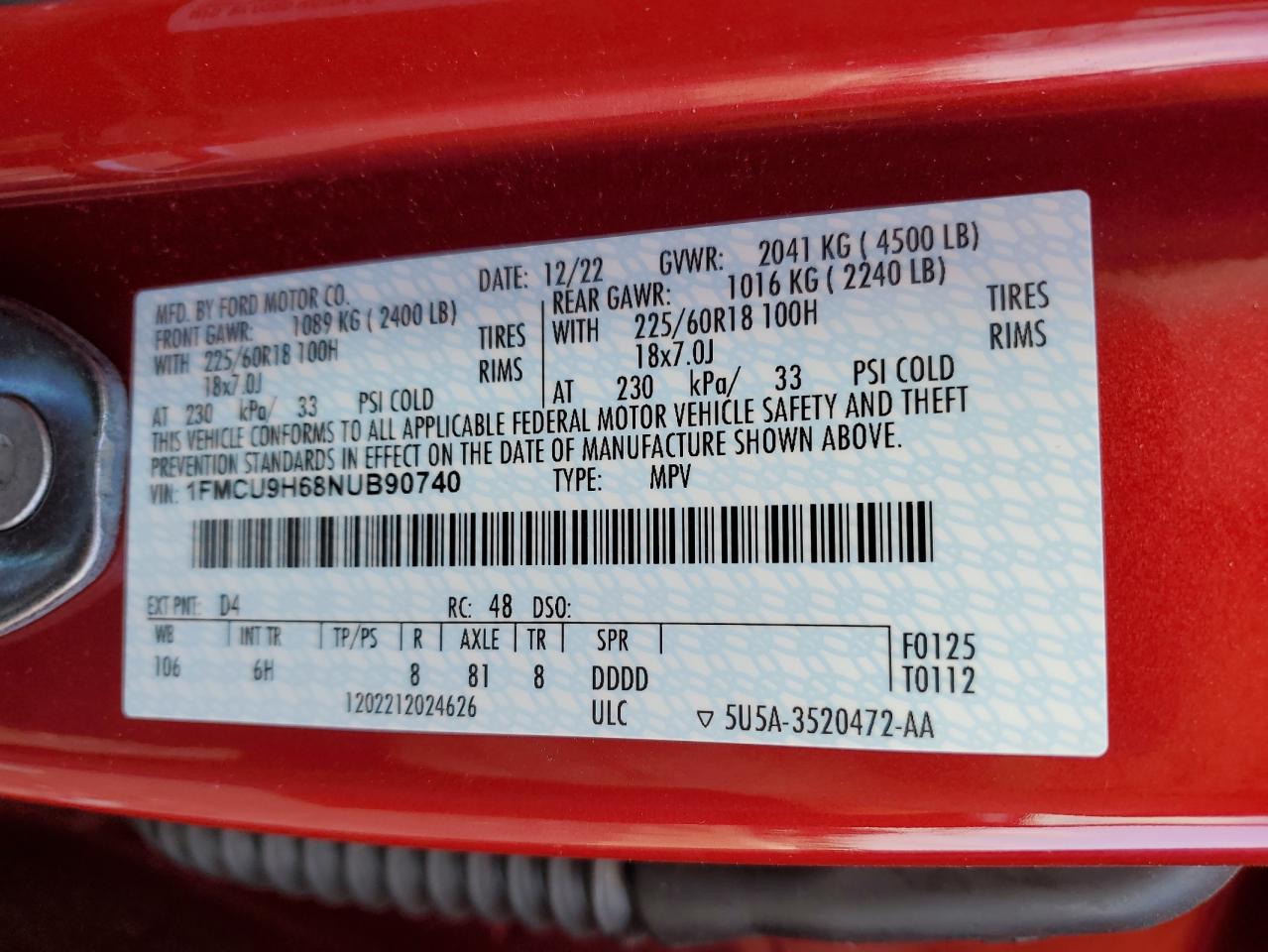 2022 FORD ESCAPE SEL VIN:1FMCU9H68NUB90740