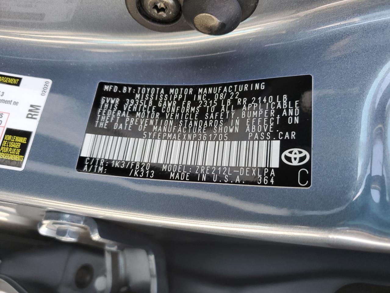 2022 TOYOTA COROLLA LE VIN:5YFEPMAEXNP361705